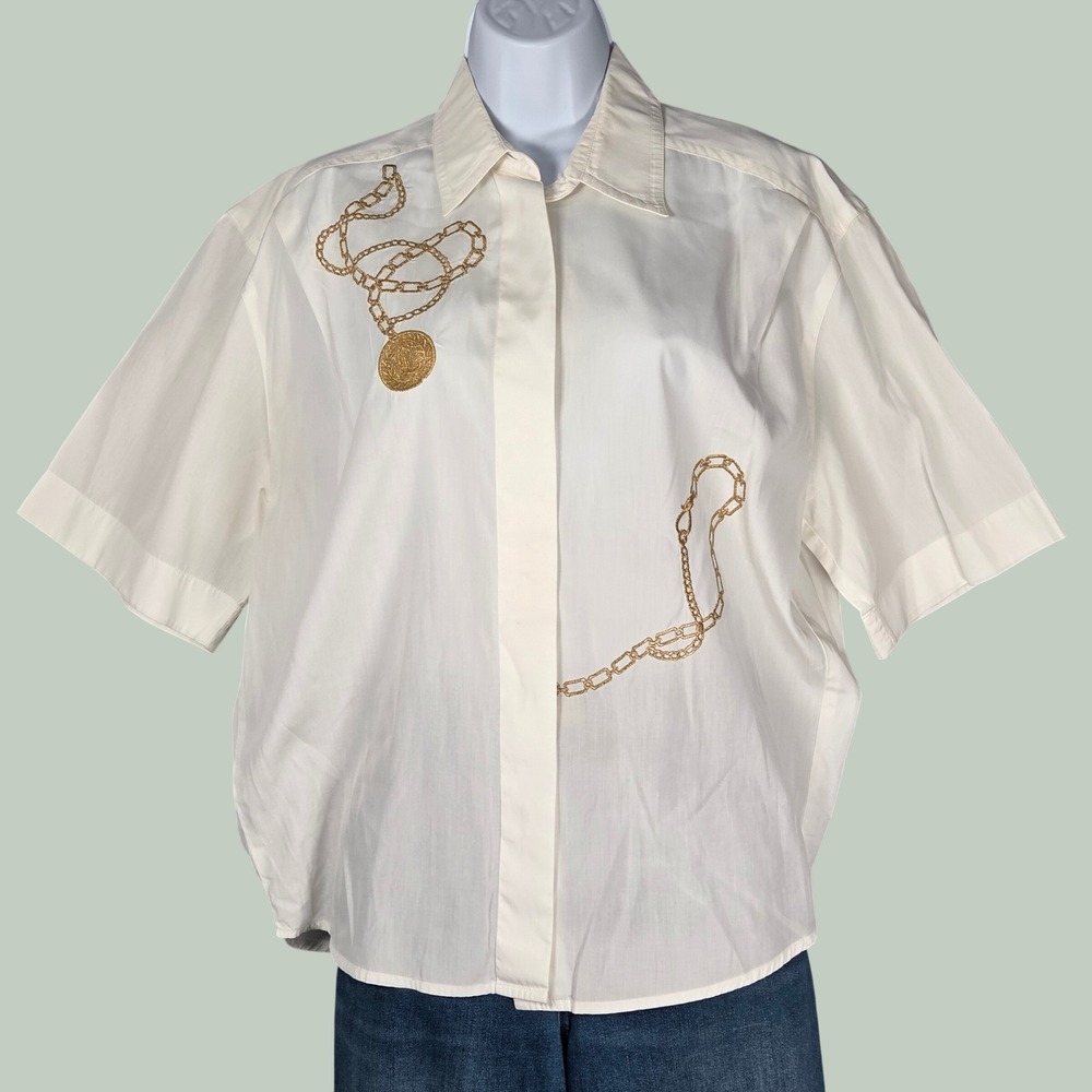 Laurel Women 4 Hidden Button Up Shirt Ivory Gold Chain‎ Embroidery Boxy Vintage